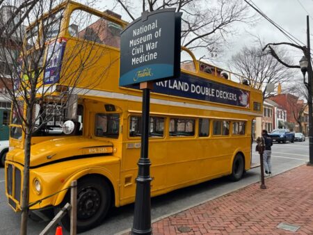 Photograph of Double Decker Bus in downtown Frederick