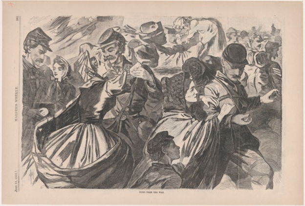 Sketch of women embracing Union soldiers, entitled: Home from the War.