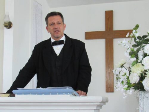 Chaplain Steve McCarty preaching in Historic Rocky Springs Chapel