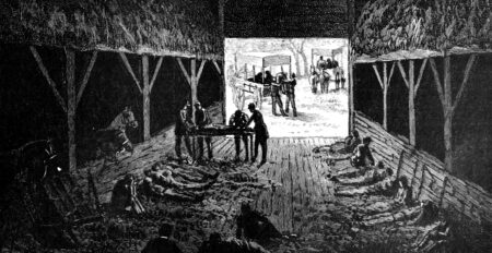 Black and white illustration of a field hospital