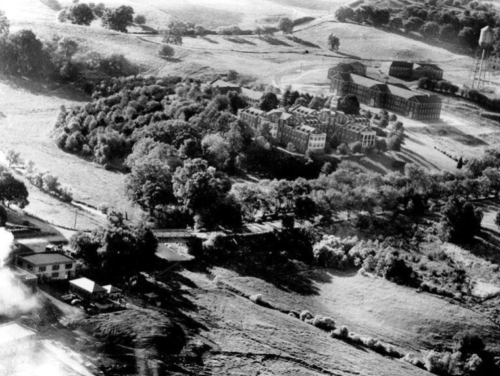 Black and white photograph of Carroll County's Poor Farm and Springfield Hospital Center